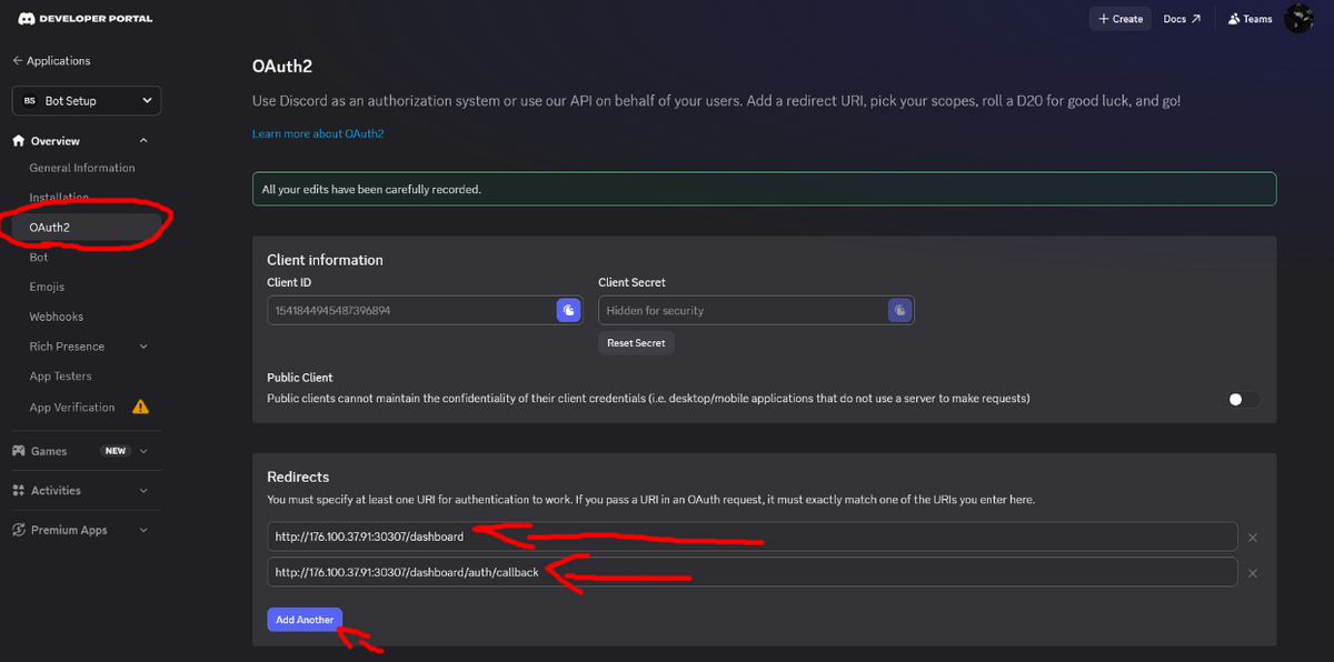 Add redirects in Discord Developer Portal